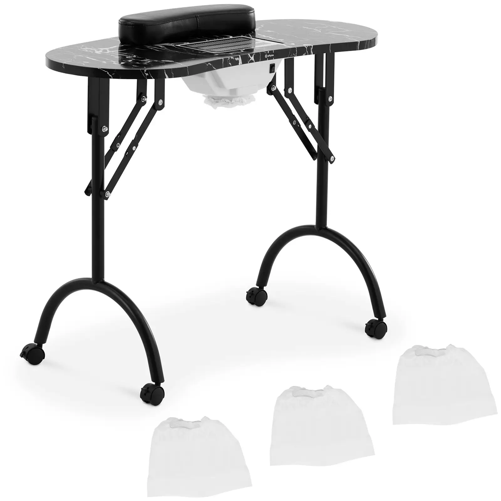 Nail Desk - foldable - Black - 4 wheels - extraction