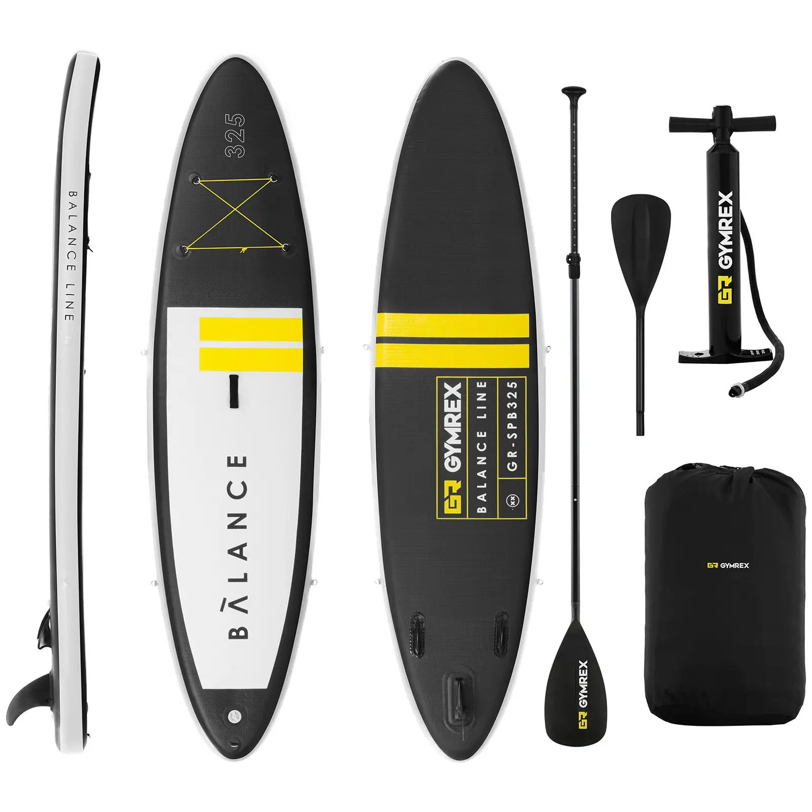 Inflatable SUP Board - 145 kg - black/yellow - set with paddle and accessories